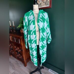 Long white and green houndstooth monster fur shacket